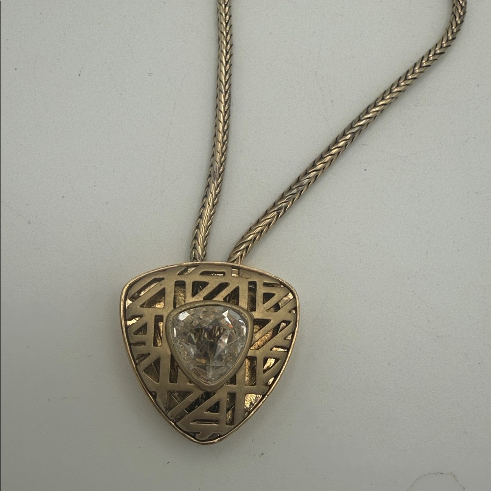 VTG Anne Klein Gold Geometric lattice Pendant w/ clear crystal slide Necklace
